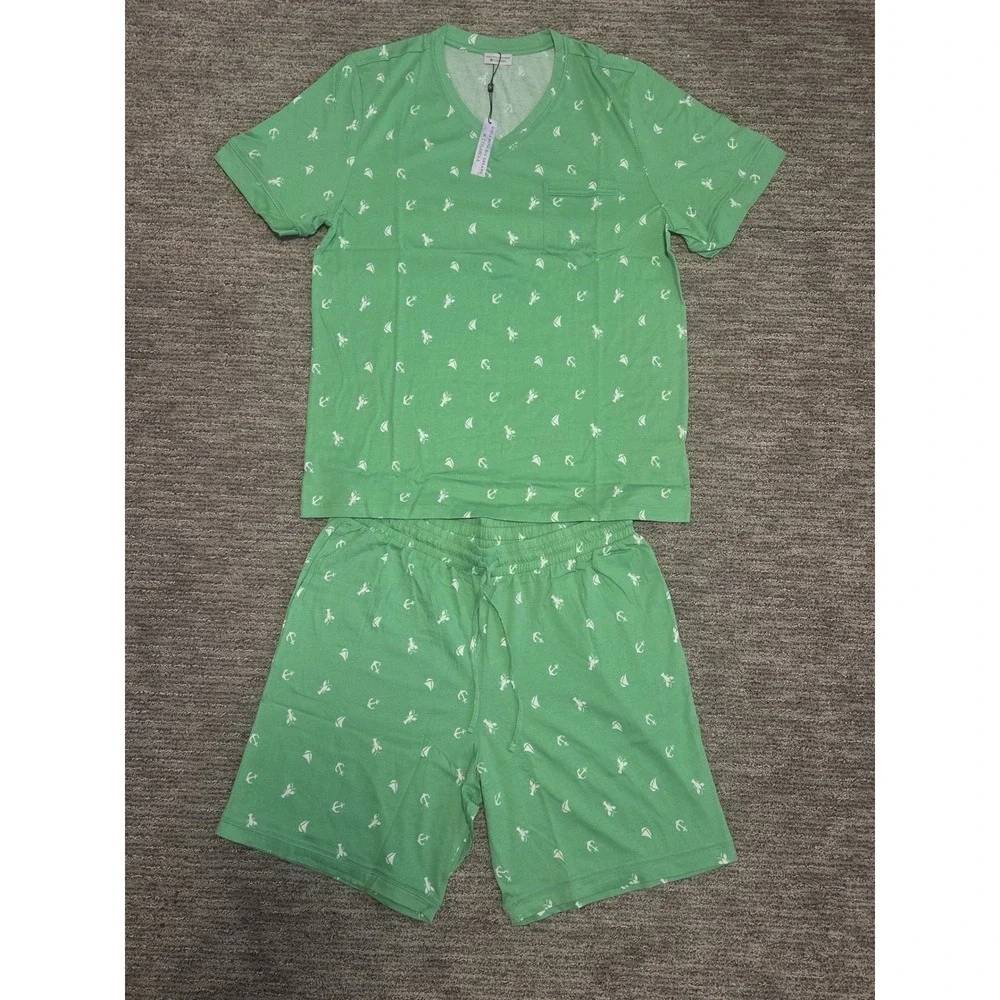 Cosabella Mens Road Trip Lounge Set Green Nautical Anchor Lobster Print Large